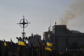 Smoke rises over the government headquarters in Kyiv, following Russian drone and missile strikes on September 7, 2025, amid the Russian invasion of Ukraine